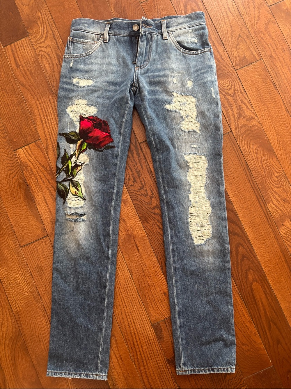 Dolce & Gabbana Blue Jeans with Red Rose Embroidery
